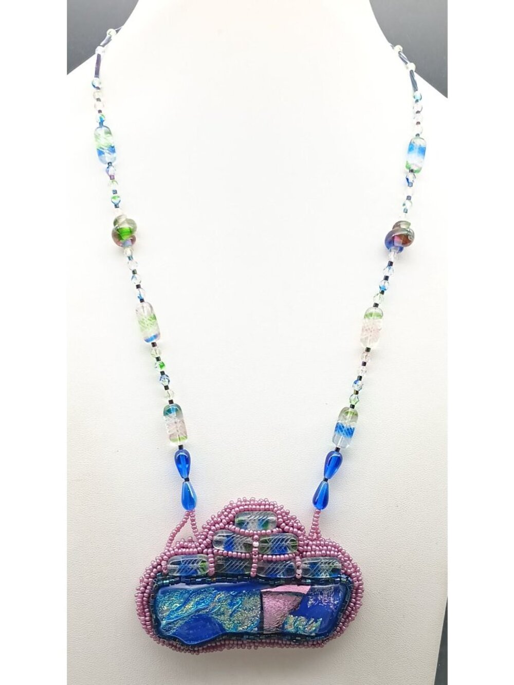 Vintage Beaded Glass Pendant Necklace with Pink Blue & Green Accents - Handmade
